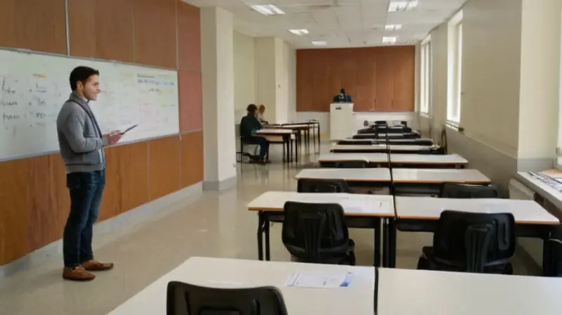 Aula luminosa y ordenada, estudiantes concentrados