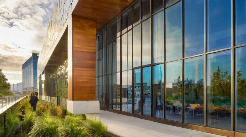 Edificio moderno rodeado de naturaleza vibrante