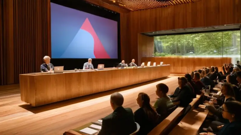 Auditorio moderno lleno de asistentes atentos