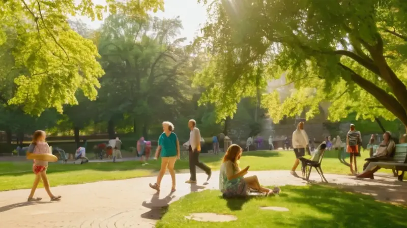 Parque urbano vibrante con gente conversando