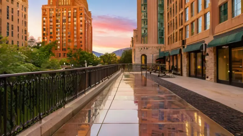 Atardecer urbano con edificios y vida vibrante