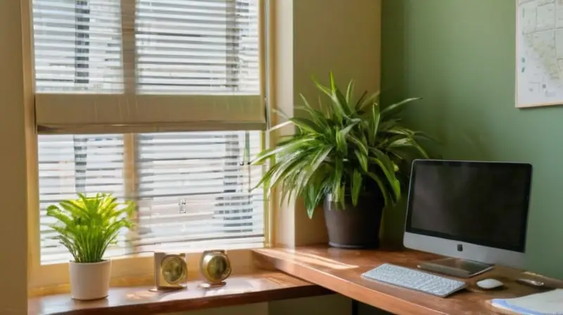 Oficina luminosa con escritorio y libros organizados