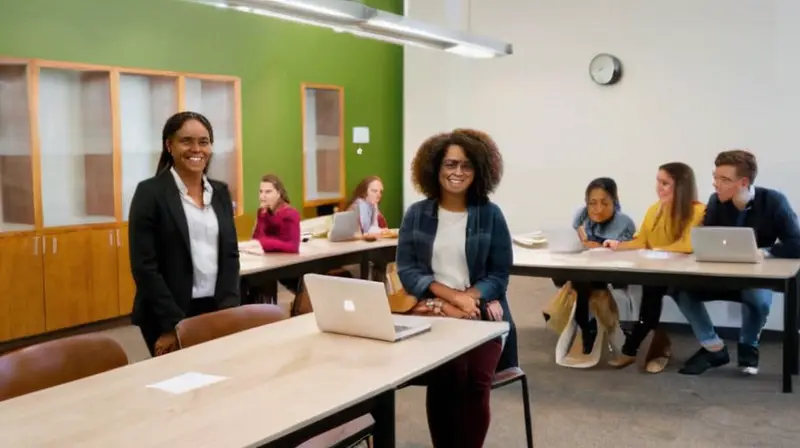 Aula moderna con estudiantes comprometidos y tecnología