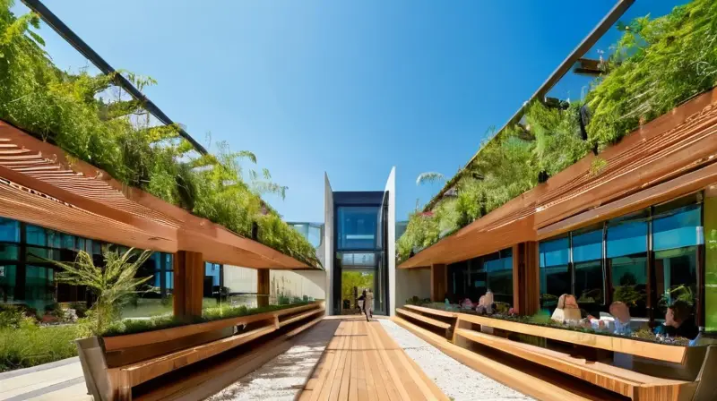 Edificio moderno con naturaleza y diversidad urbana