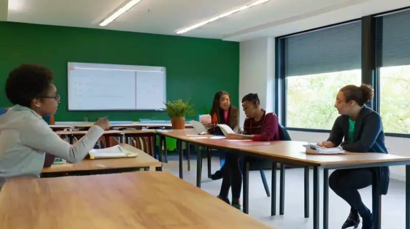 Aula moderna, estudiantes diversos, aprendizaje activo