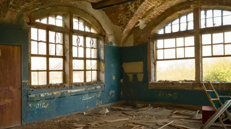 Edificio en restauración con herramientas y caos