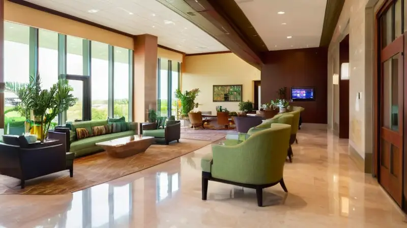 Lobby hotelero amplio y acogedor con luz