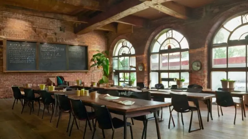 Sala iluminada, mesas circulares y discusión activa