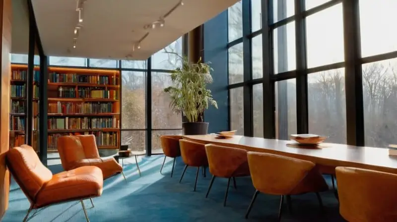 Biblioteca moderna iluminada, acogedora y vibrante