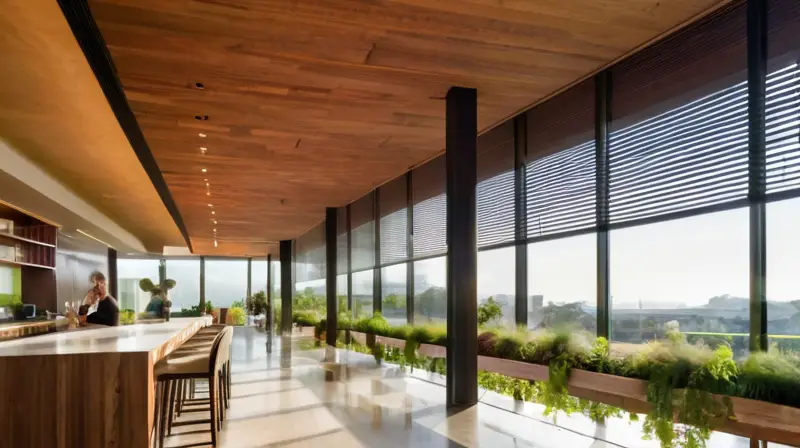 Edificio moderno, cálido y colaborativo con vistas