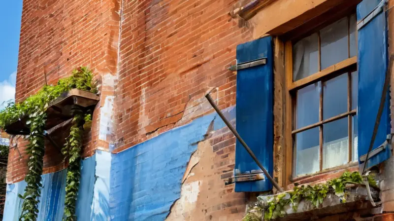 Edificio restaurado con pintura azul y vegetación